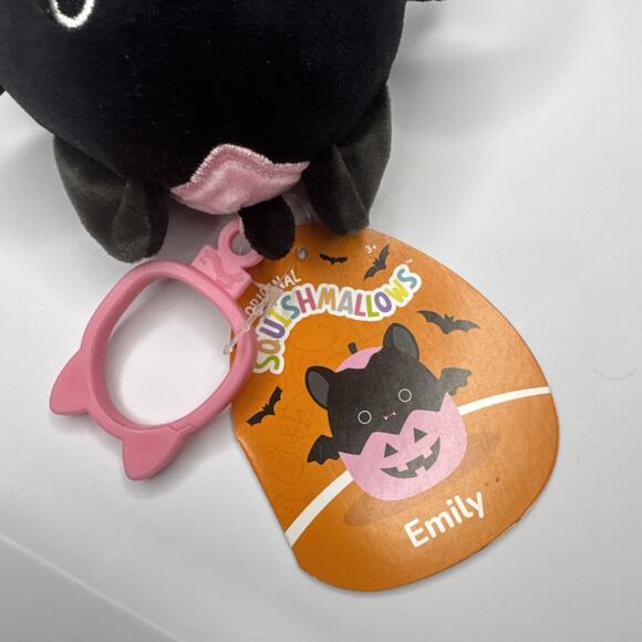 NWT Squishmallows Halloween "Emily" Pink and Black Pumpkin Bat Bag Clip 3.5” - Picture 3 of 3
